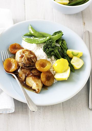 Apricot chicken with steamed vegetables and rice