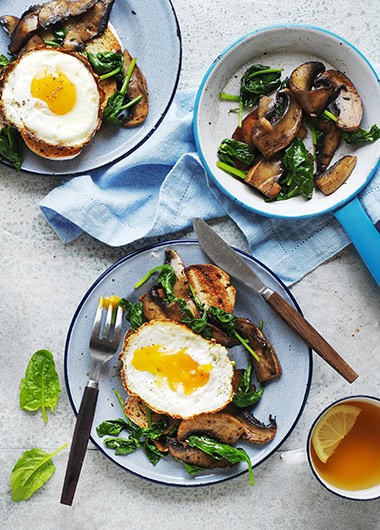 Fried eggs with balsamic mushrooms and spinach