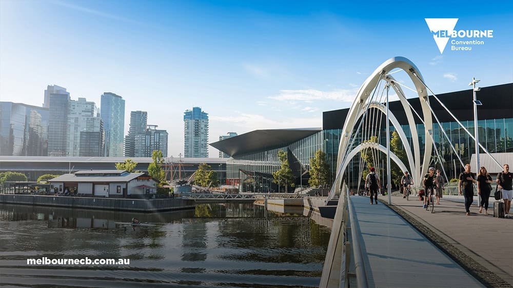 Outside view of the Melbourne Convention Centre fro the South Wharf promenade.