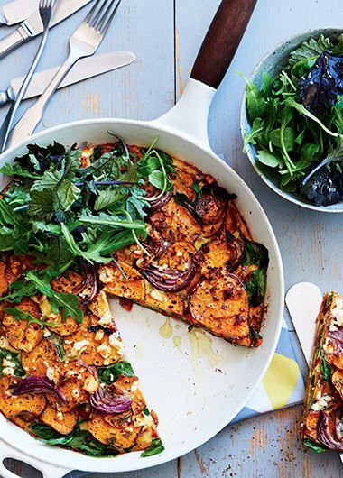 One pan sweet potato, feta and spinach frittata